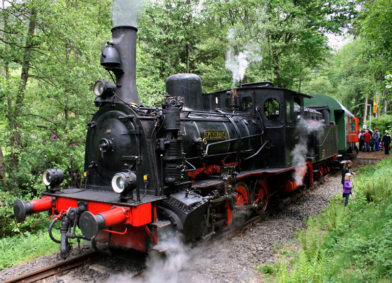  Auf der Strecke kommt die Schlepptenderlok Speyerbach, eine dreiachsige ehemalige Industrielok aus dem Jahr 1904 zum Einsatz. Sie zog die unterschiedlichen historischen Wagen durch das Elmsteiner Tal. 